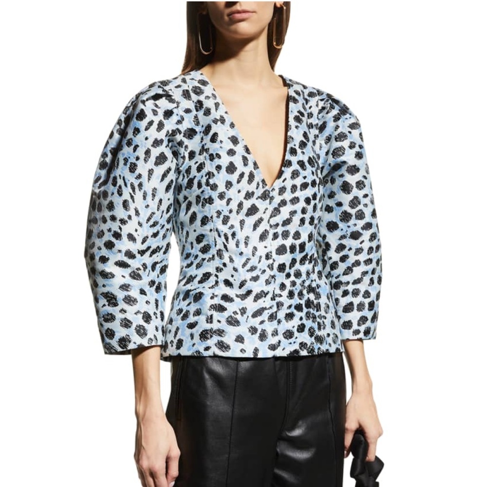 Ganni Crispy Blue & Black Jacquard Egret Puff Sleeve Top